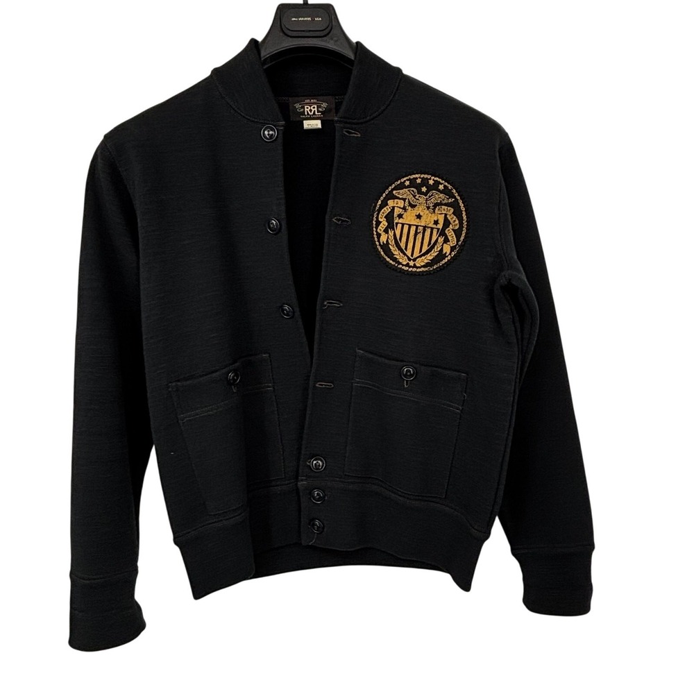 RRL Double RL Ralph Lauren Cardigan Sweater Jacket  M Crest Patch Black Military - Picture 8 of 8